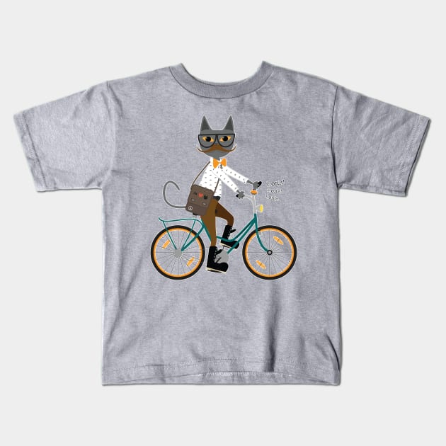 hipster cat on a bicycle Kids T-Shirt by uncutcreations